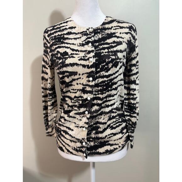 Talbots Zebra Print Cotton Blend 3/4 Sleeve Cardigan Size Small - Picture 1 of 8